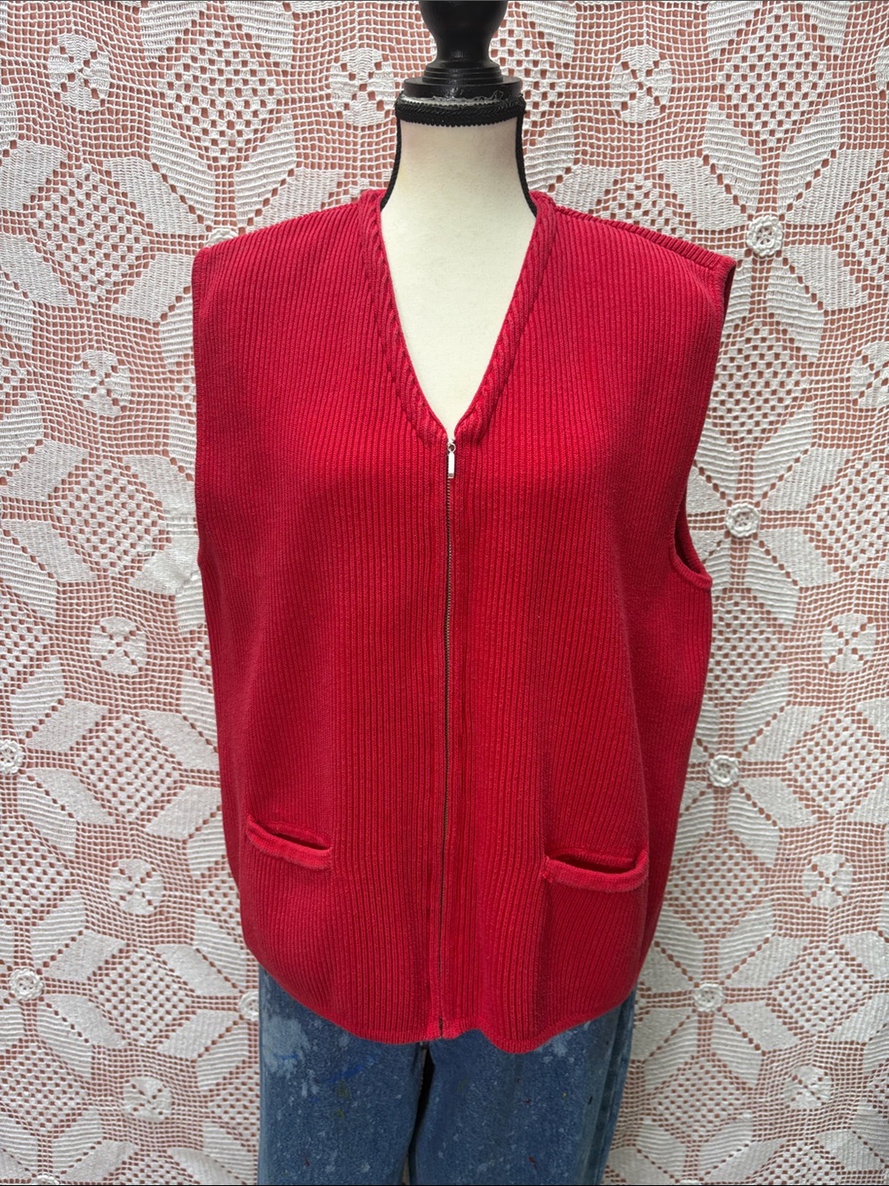Vintage GAP Red Ribbed Cotton Zip Vest – M